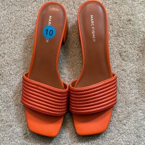 Marc Fisher Women's Bright Orange 2 Inch Block Heeled Slip On Sandals-Size 10